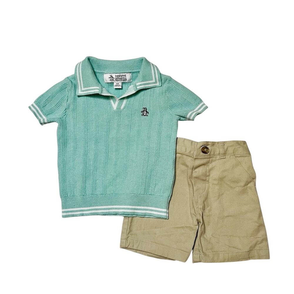 Penguin Knit Polo Shirt Khaki Shorts Outfit Size 12m
